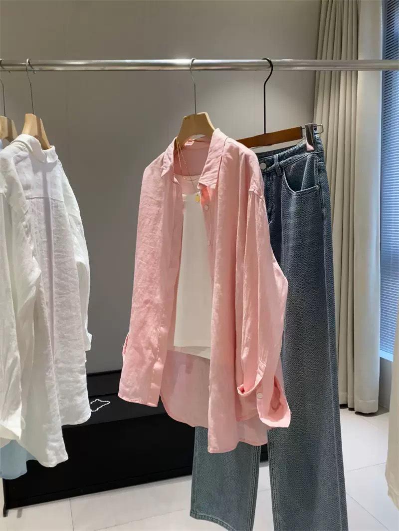 Women s High-End French White Cotton Linen Shirt - Summer Sun Protection, Loose Fit, Old Money Style L розовый
