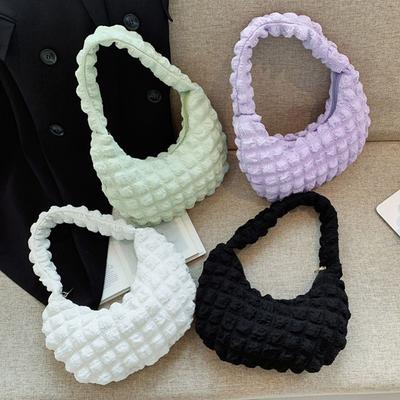 Women Girls Solid Color Quilted Tote Bags Cute Small Ruched Handbags Cloud Pleated Bubbles Shoulder Bags Fashion Underarm Bags