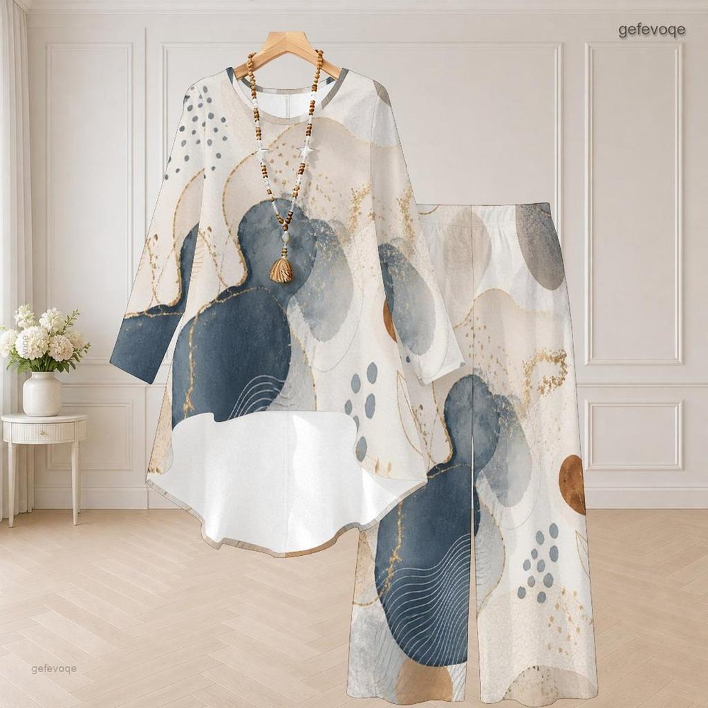Women Plus Size Two Piece Set Round Neck Long Sleeve Printed High Low Top Wide Leg Pants