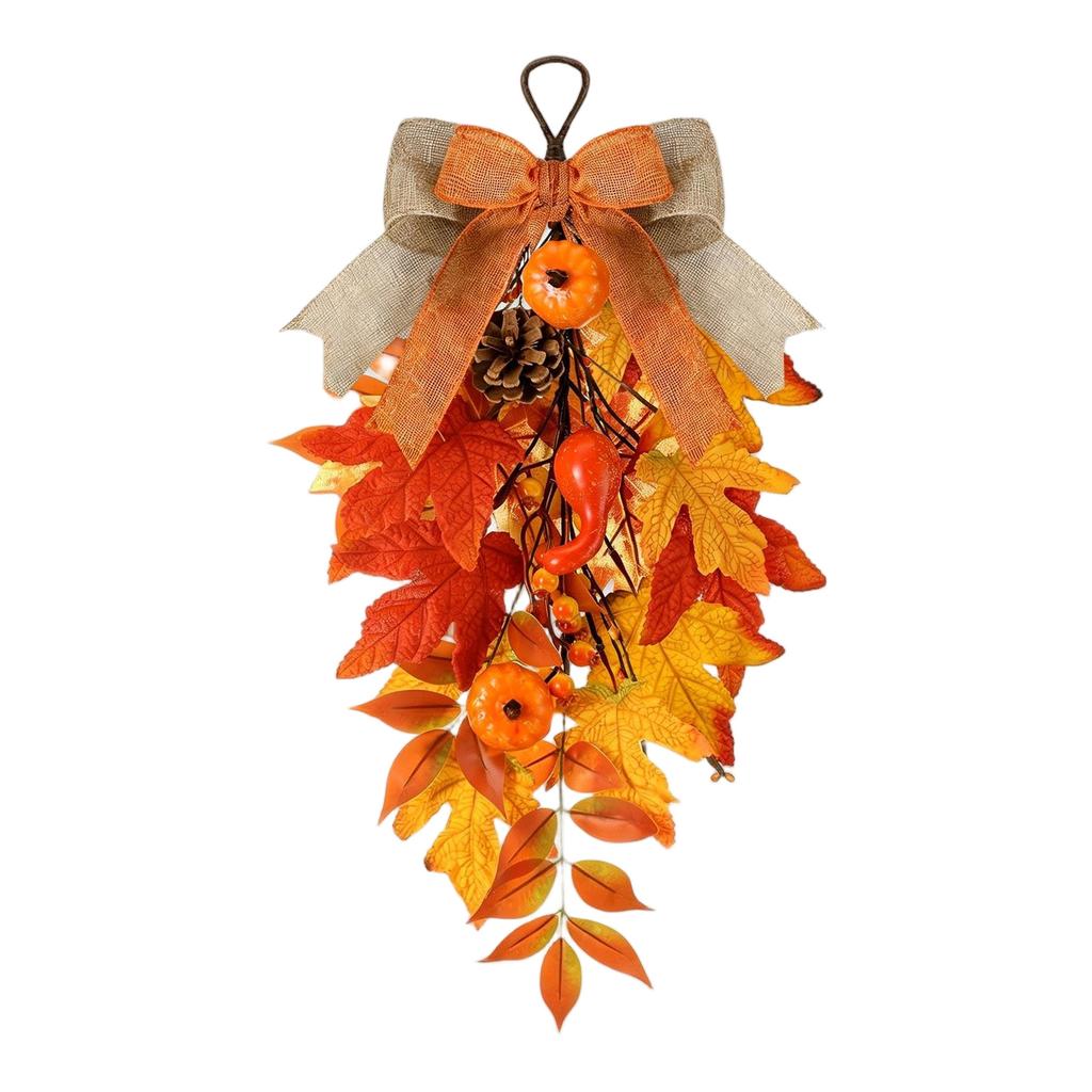 Artificial Maple Leaf Swag with Pumpkins Pinecones Berries and Bow for Autumn Harvest Thanksgiving Home Wall Door Hanging Decoration