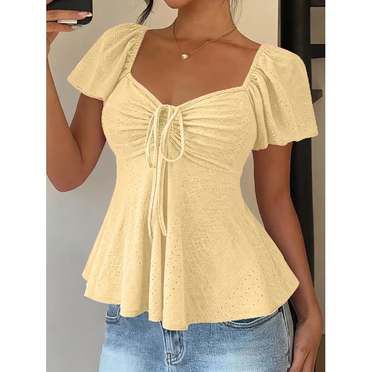 2026 Summer New V-neck Drawstring Tie Sexy Short Sleeve Solid Color Women's T-shirt