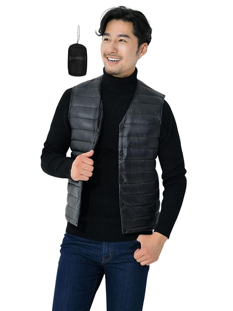 

Bvaeocl Down and Includes Storage Size 2XL BV49 Men s Vest, Ultralight, Stand-Up Collar, Lightweight, Warm, Pouch, (Black, Collarless),