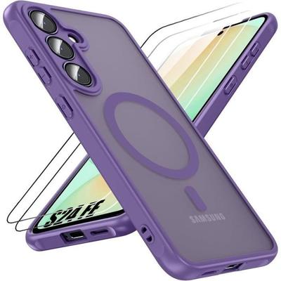 Case and 2 Tempered Glasses for Samsung Galaxy S24 FE with Magnetic Ring and Camera Protection, Silicone and PC Purple