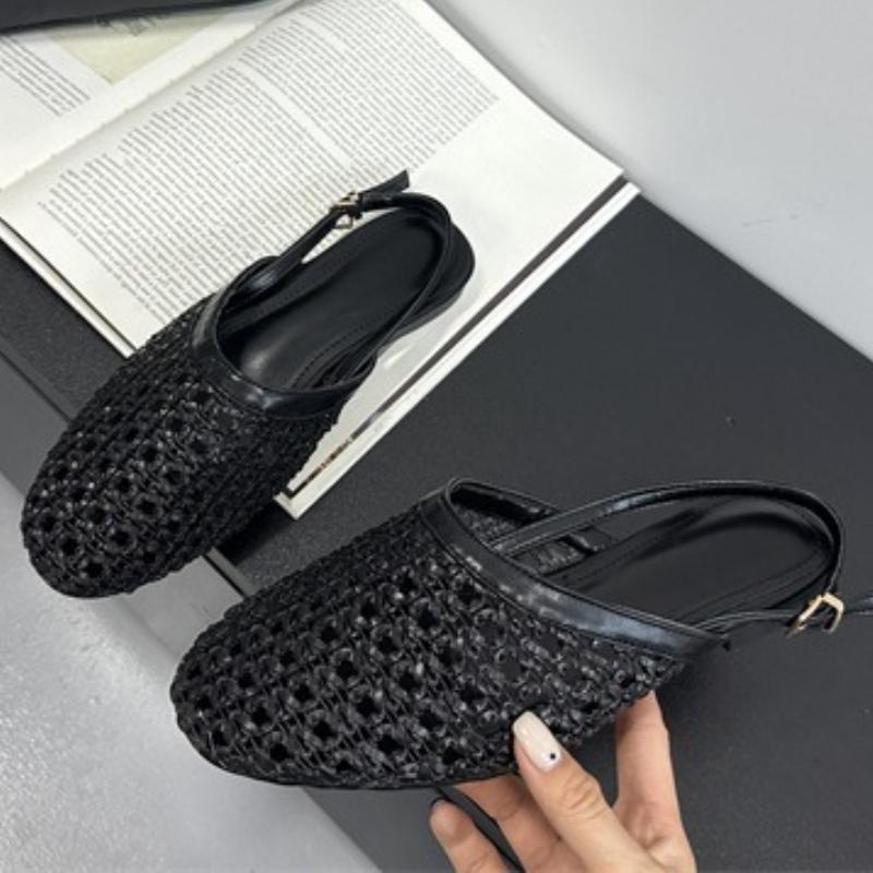 Fashion Retro Mesh Woven Women Sandals Fashion Round Toe Back Strap Buckle Flat Sandals Comfortable Breathable Non-slip Beach Sandals