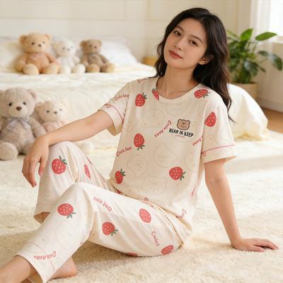 Summer INS Style Sweet Strawberry Bear Pajamas Women's Crew Neck Short Sleeve Long Pants Cotton Women's Loungewear