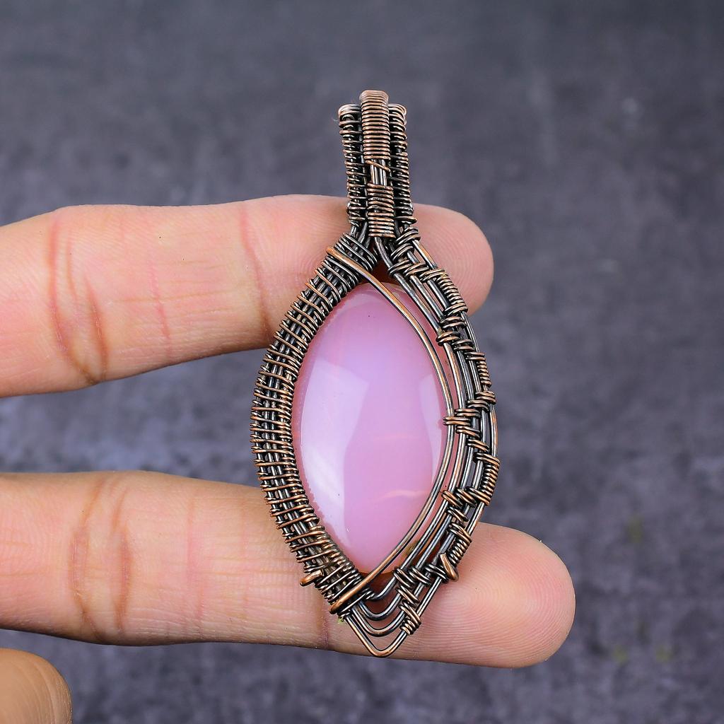 Natural Rose Quartz Gemstone Handmade Copper Wire Wrap Pendant Jewelry 2.8" A9L48