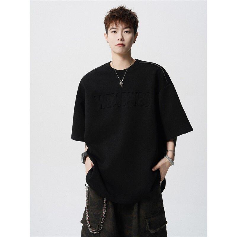 

Men Embossed Letter Short Sleeve T Shirt Loose Fit Casual Streetwear Top M чёрный