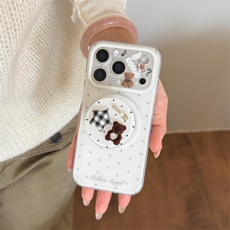 Korean Star Bear Magnetic Bracket for iPhone 17 Pro Max, Apple 16, and 15 Protective Case for Women