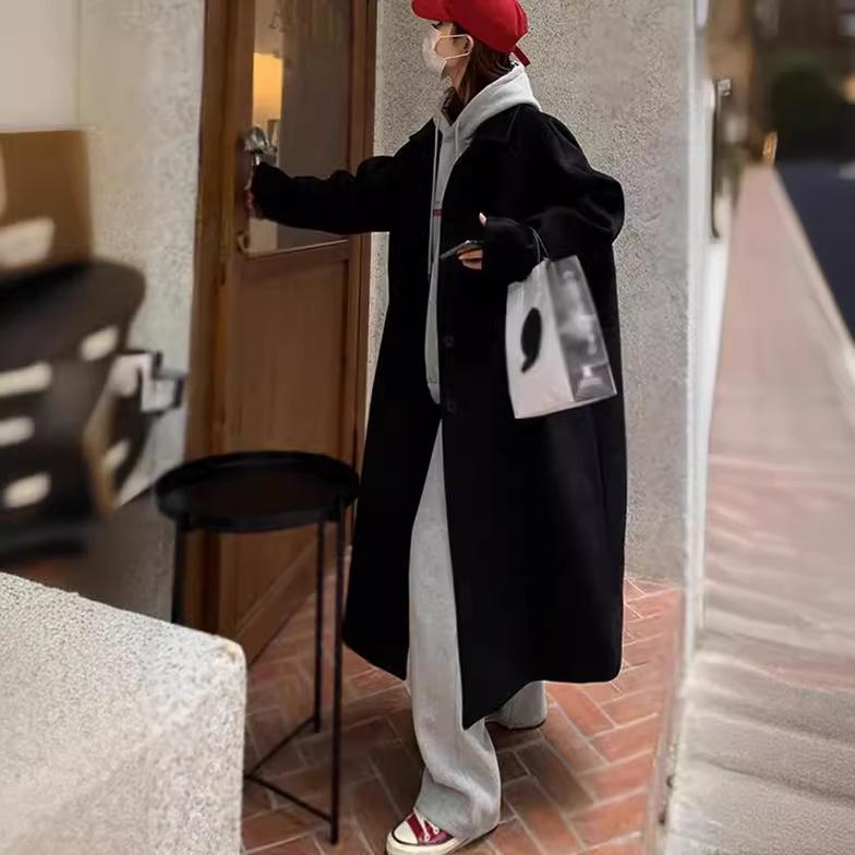 Black Woolen Coat Outerwear Autumn and Winter New Korean Style Loose Knee-length Thickened Woolen Jacket Jacket for Girls