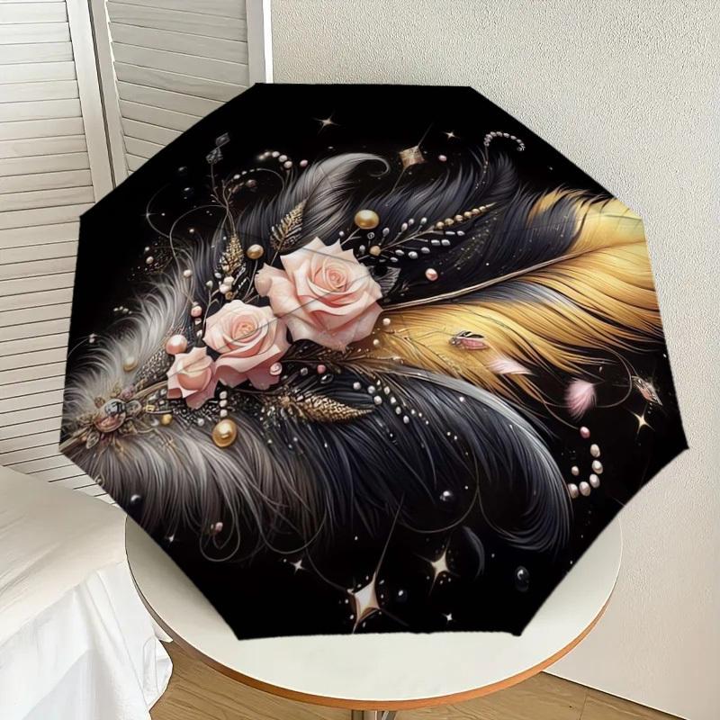 

1pc Elegant Feathers and Roses Composition Umbrella with Plastic Handle,Suitable for All Seasons Home Travel Outdoor UmbrellaDD392