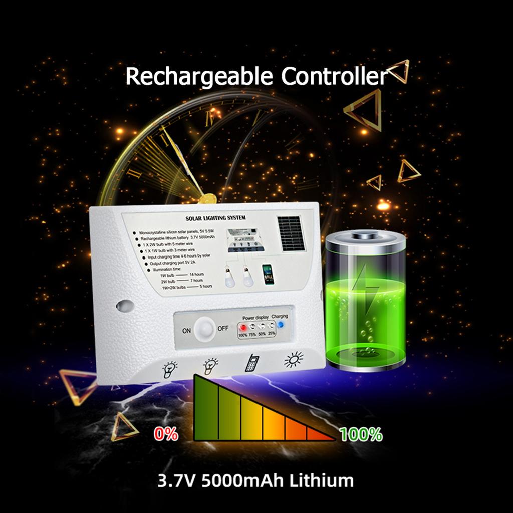 Portable Solar Lighting System Water Resistant Outdoor Solar Lamp with 5.5W Solar Panel 1W and 2W LED Bulbs for Shed