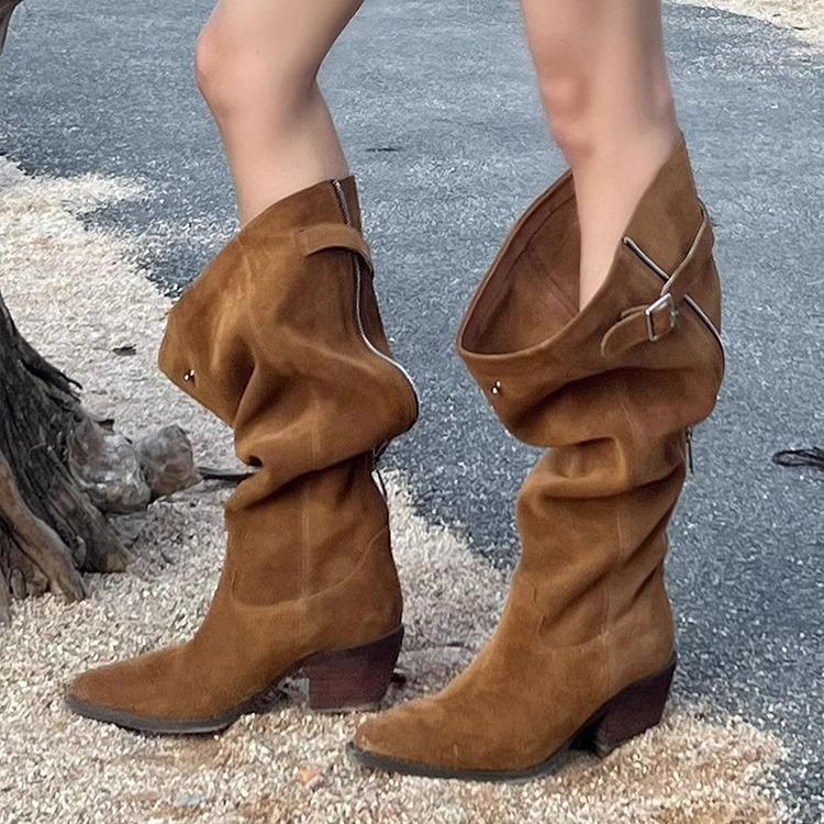 Winter Fashion Women High Boots Suede Pointed Toe Shoes Designer Mid Heels Chelsea Boots 2026 Trend New Gladiator Zapatos Femme