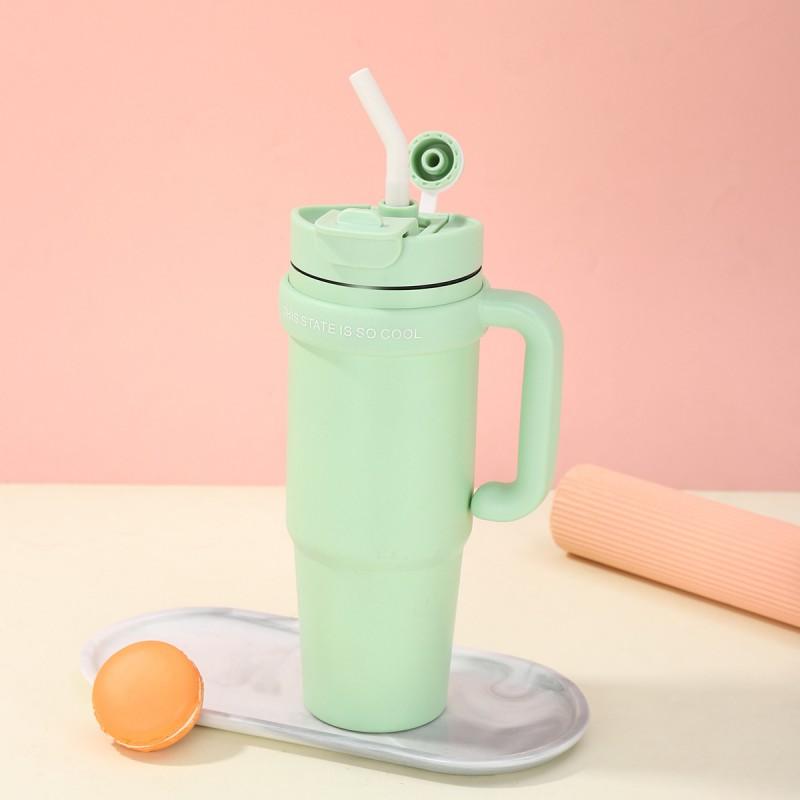 30oz Double Wall Stainless Steel Travel Mug With Handle Straw Insulated Car Cup Office Outdoor Use