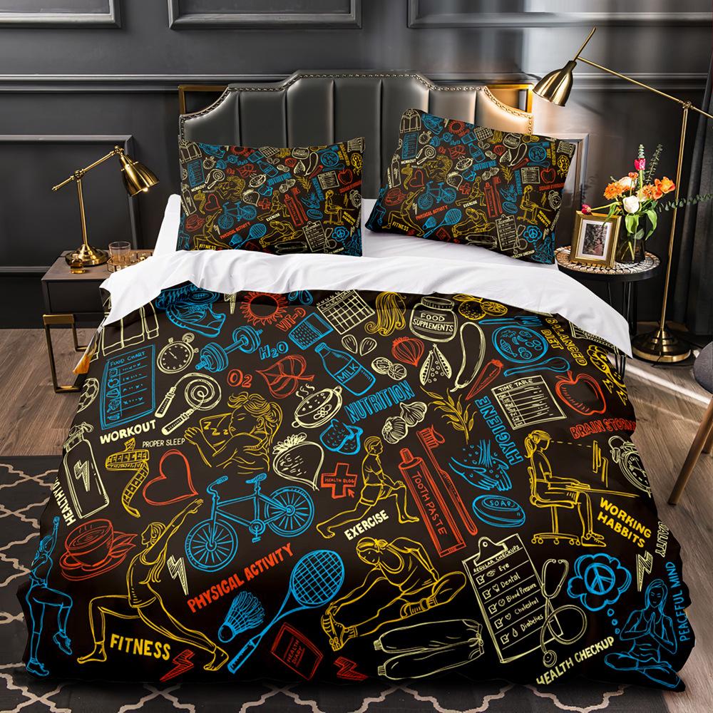 Sports Graffiti King Queen Duvet Cover Cartoon Bicycle Badminton Racket Bedding Set for Kids Black 2/3pcs Polyester Quilt Cover