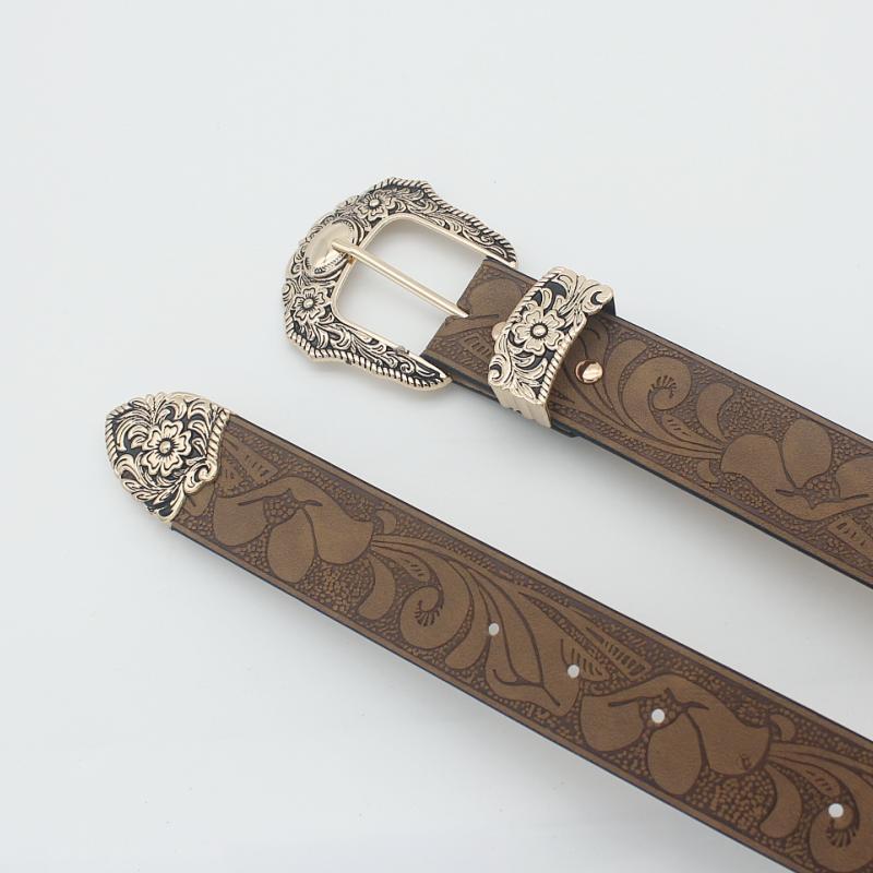 European and American Style Brown Texture Niche Pin Buckle Belt Women's Print Pattern Belt Unisex