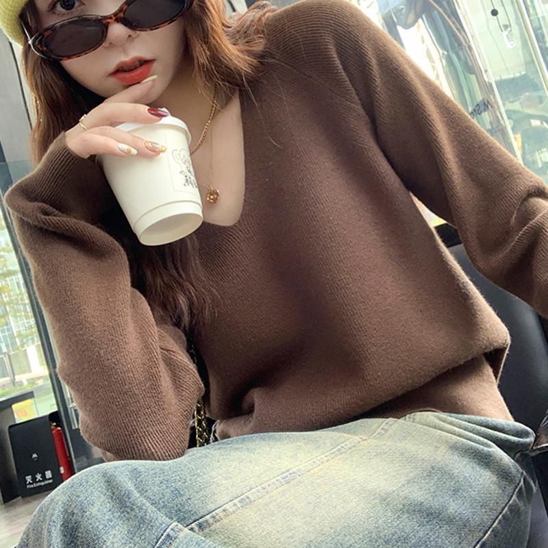 Ladies Autumn Winter Long Sleeve V Neck Loose Basic Solid Color Pullover Knitted T Shirt Top for Layering