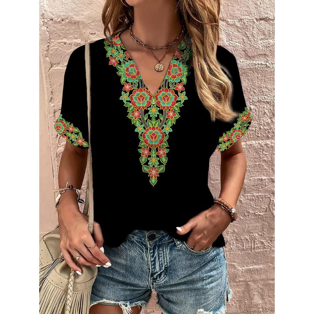 Vintage Women's T-Shirt Ethnic Harajuku Print Summer Outdoor Casual V-Neck Short Sleeve