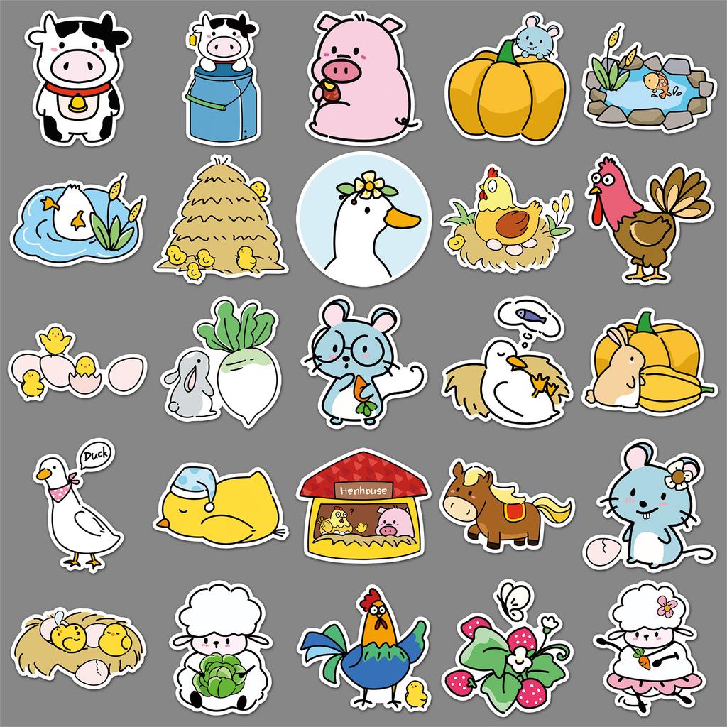 50 Happy Farm Doodle Stickers Cartoon Cute Animal Decorative Water Cup Guka Mobile Phone Case Stickers
