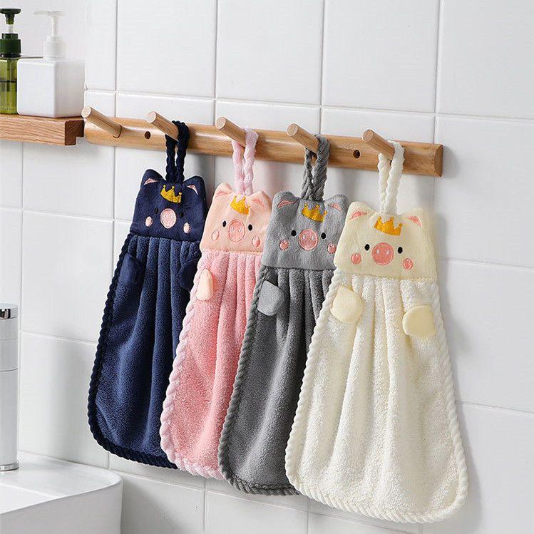 Absorbent Lint-Free Coral Fleece Pig Hanging Towel - Cute Children's Hand Towel