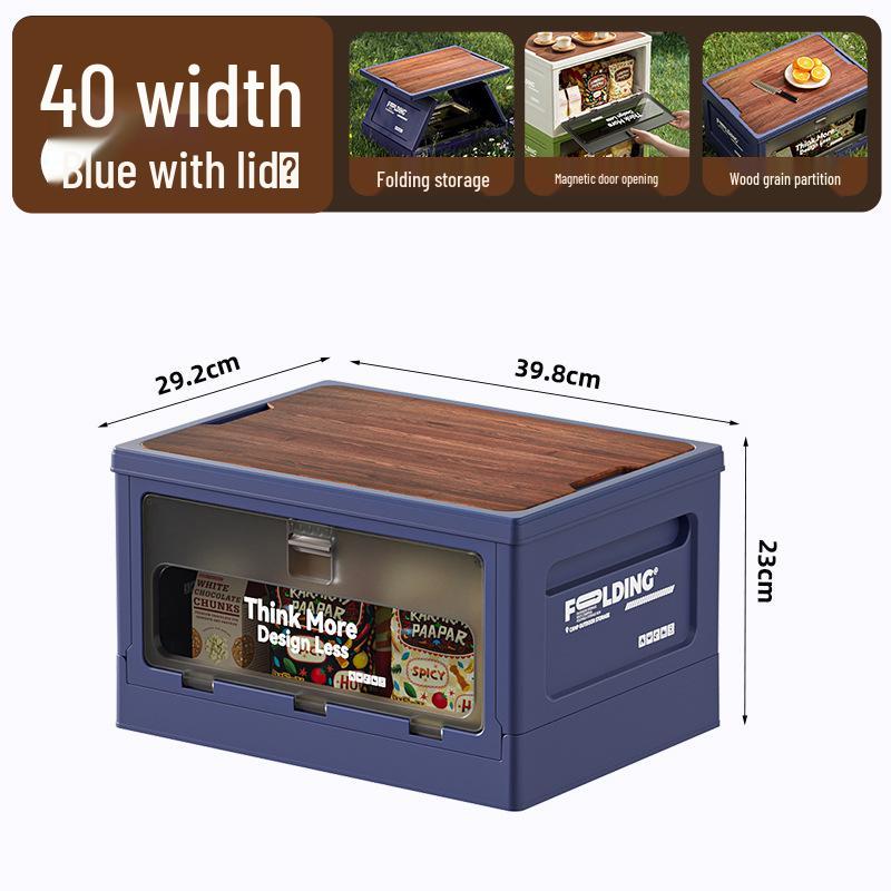 XL Folding Outdoor Storage Box with Wood Lid & Side Opening for Camping & Car Trunk Organization