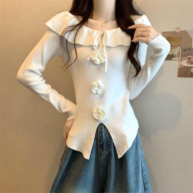 

Шикарный вязаный свитер с длинными рукавами и открытыми плечами с 3D цветочным дизайном для женщин - Осень/Зима One Size абрикосовый