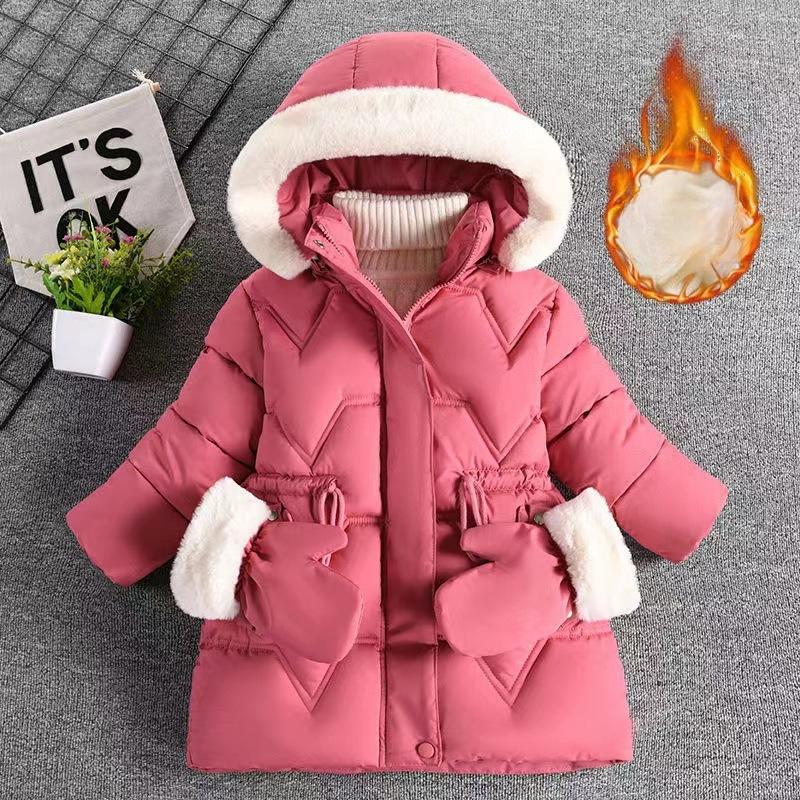 Girl'S Comfy Solid Color Long Sleeves Warm Hooded with Pockets & Gloves, Trendy Versatile Zip-Up Coat for Outdoors, Fall And Winter Best Choice