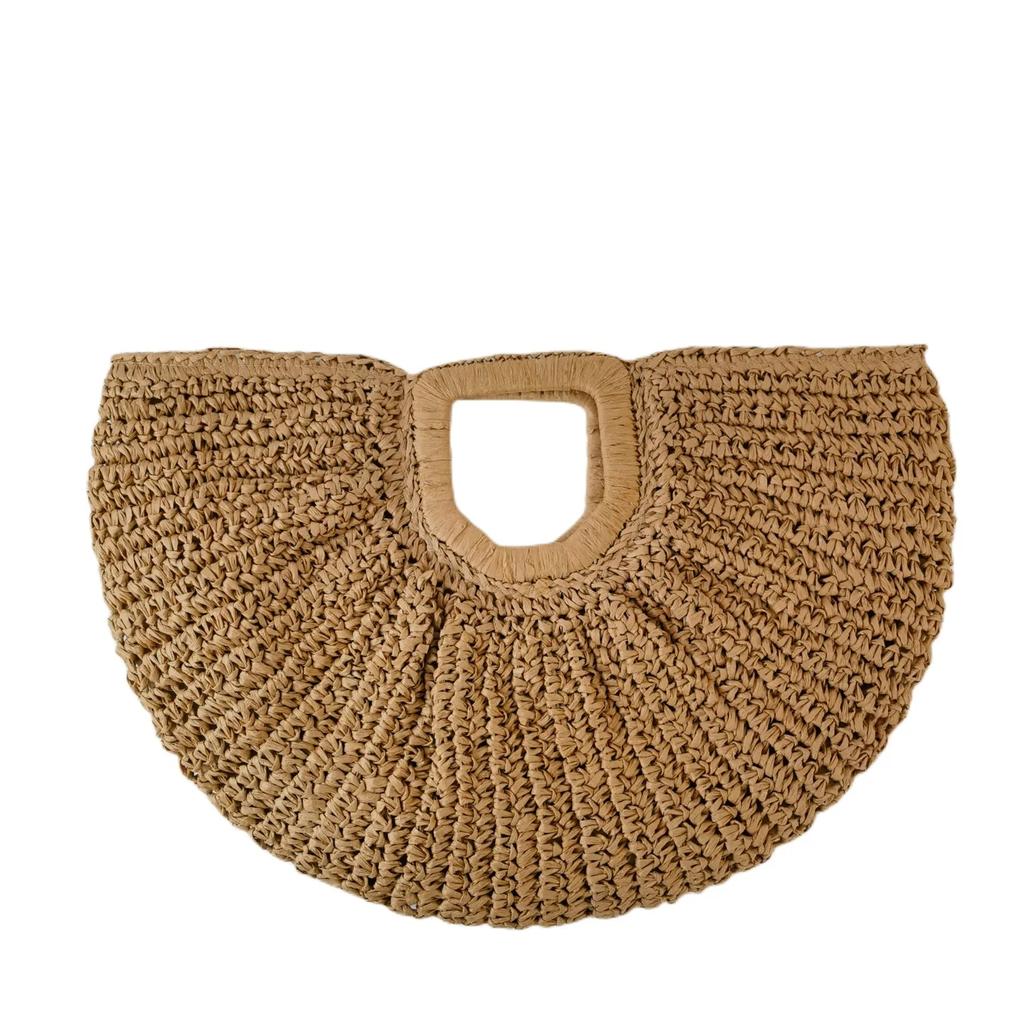 Casual Rattan Wicker Tote Bag Large Capacity Woven Designer Beach Bag Women's Straw Summer Half-moon Beach Handbag Shopper Tote