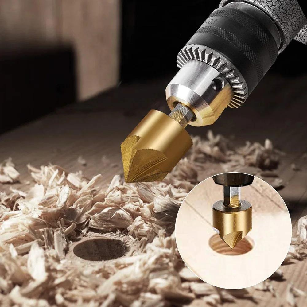 6Pcs Titanium Coated Countersink Drill Bit Set 1/4 Inch Hex Shank 5 Flute 90 Degree Wood Chamfering Cutter