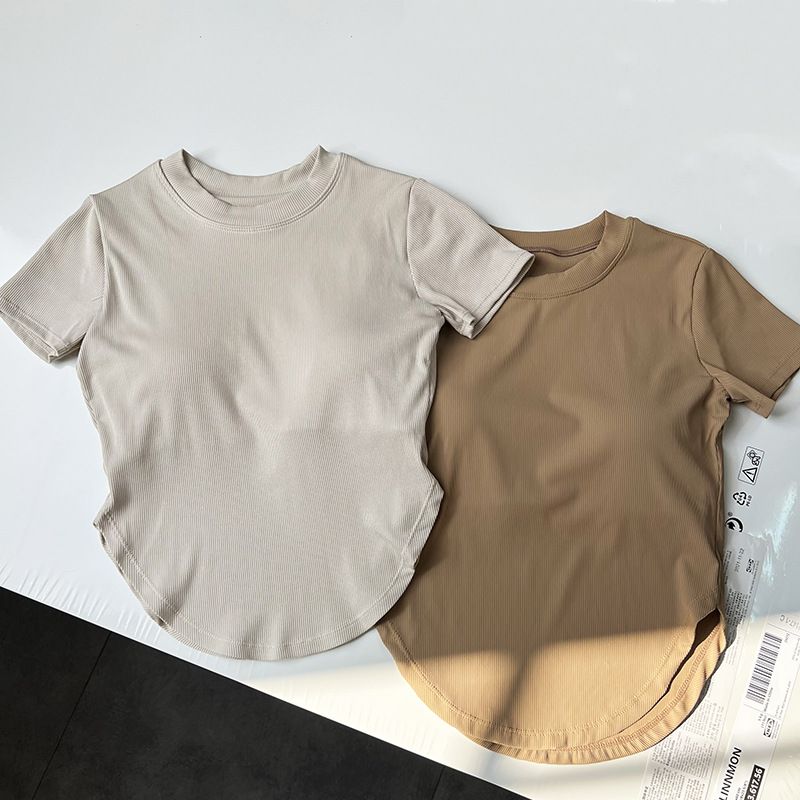 Lu Same Style with Chest Pad Tight Sexy Yoga Clothes Women's Soft Midriff Outfit Sports Tops Silm Fitness T-shirt Short Sleeve