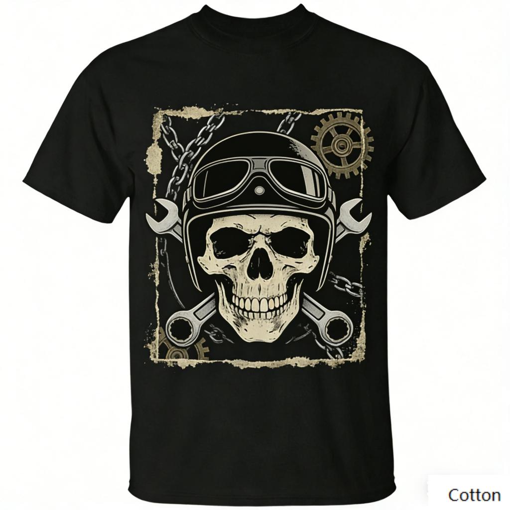 Vintage Skeleton Mechanic Graphic T Shirt, Cotton Crew Neck Short Sleeve Tee, Helmet Wrench Print Unisex Top