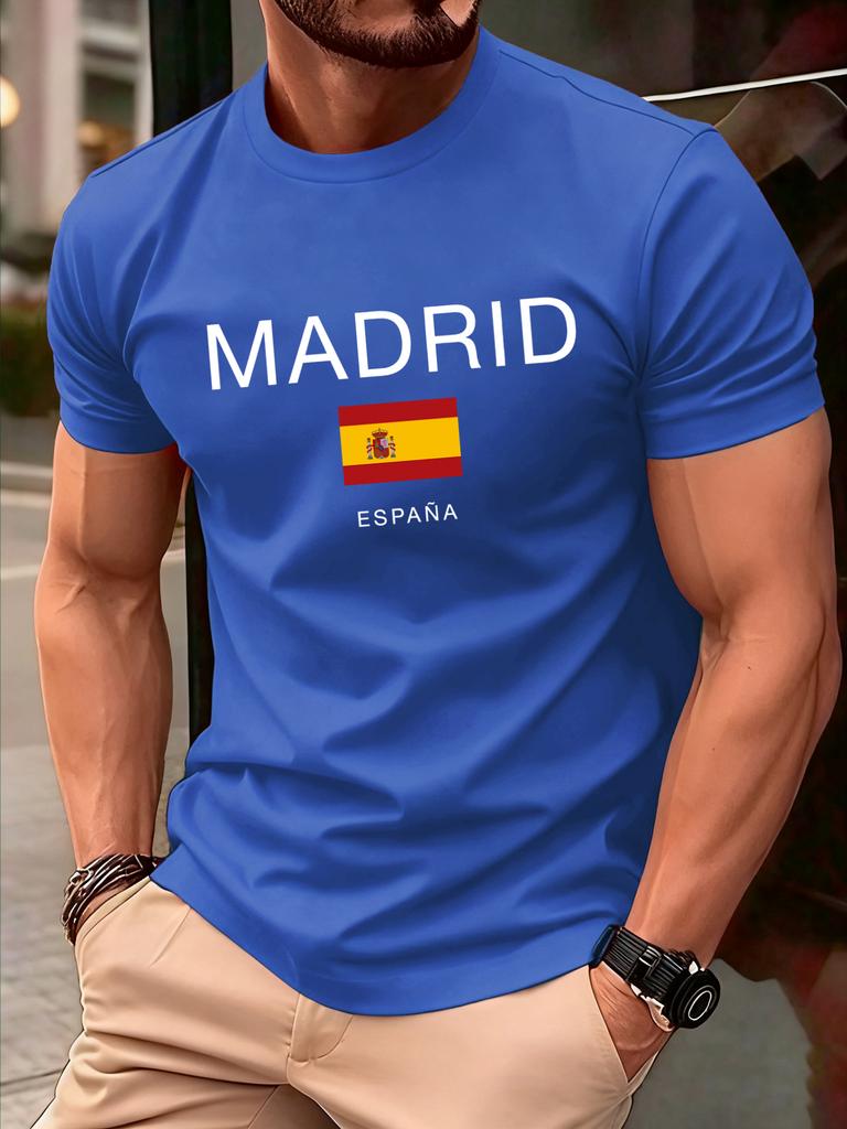 Madrid Spain Flag Design Mens TShirt Soft Loose ONeck T Shirts AllMatch Cotton Streetwear Unisex Summer Casual Short Sleeve