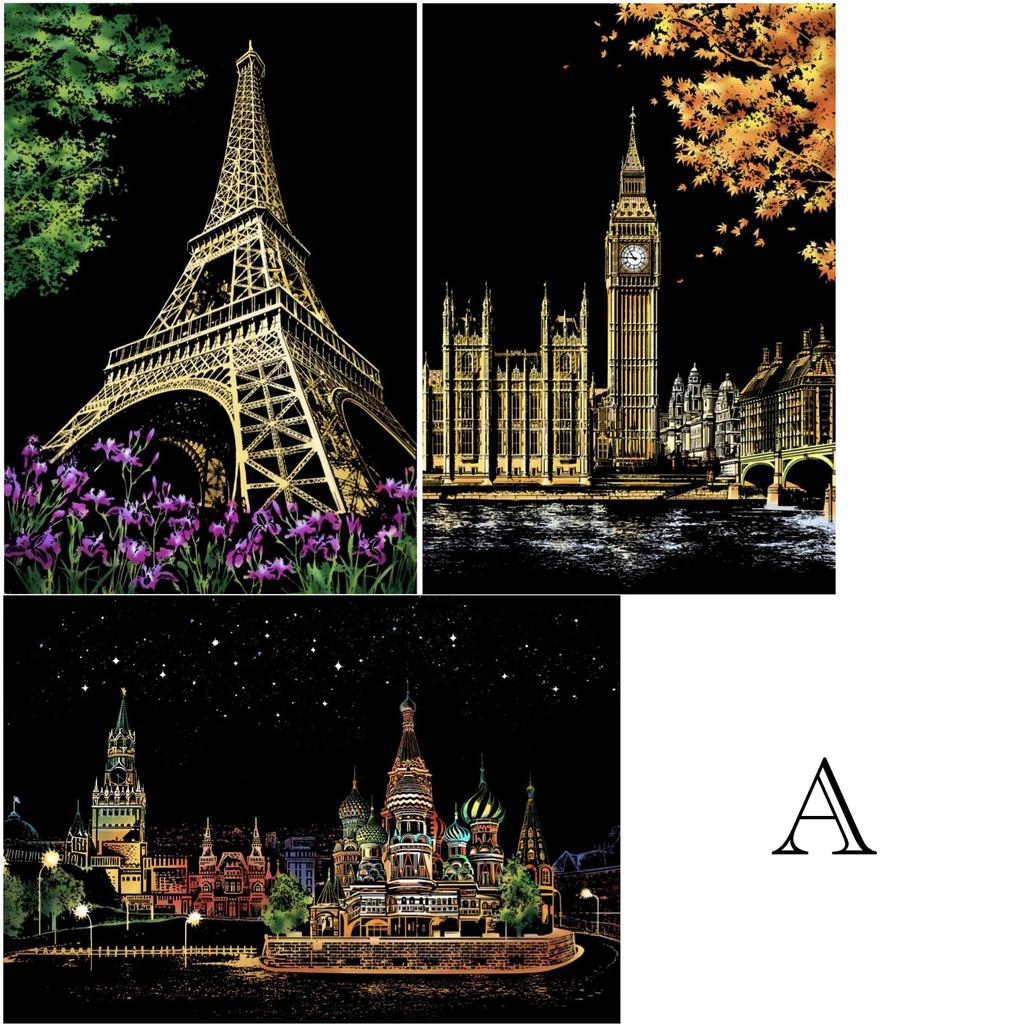 Scratch Art Kit A3 Set Landscape Hobby Interior Adult Beginner Set Home Decor Art (ADOSSY) (B)