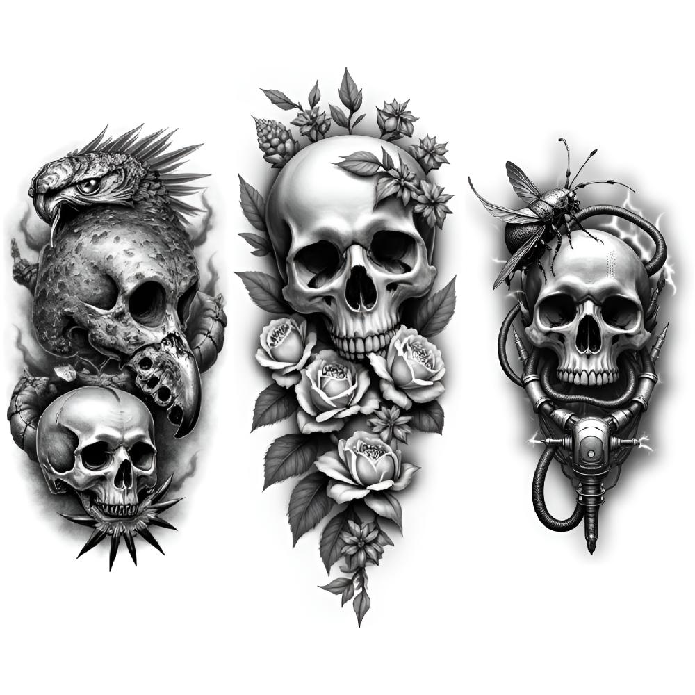 

3pcs Temporary Tattoo Black And Grey Realism Skull With Roses Skull With Bird Skull With Pathway For Arms Thighs Adults