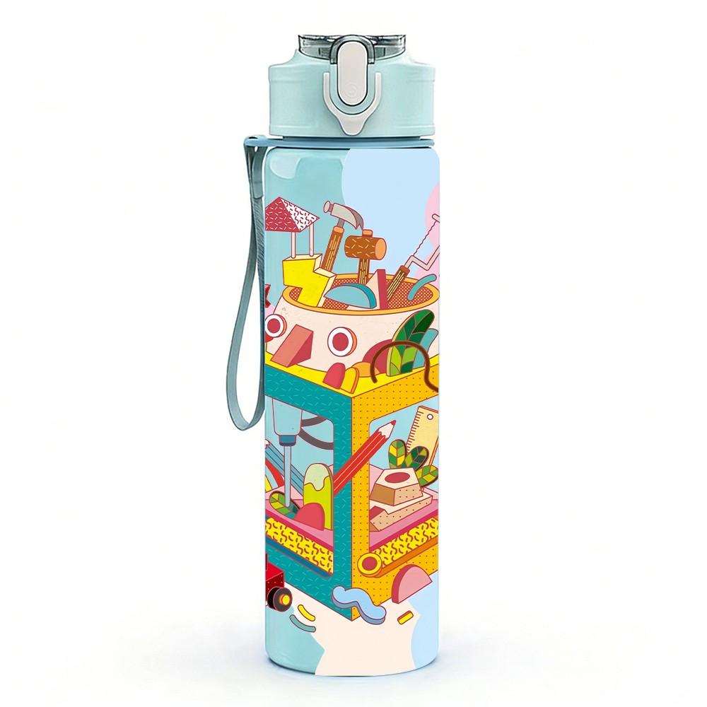 1PC Colorful Magic Box Doodle Art Pattern 750ml Color Plastic Sports Water Bottle Leakproof Flip Straw Lid Suitable for Sports Office Home Use