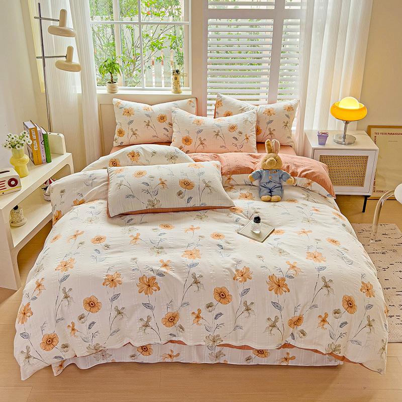 Flowers Bedding Set with Pillowcase Bed Sheet Single Full Size Bed Linen Washed Cotton Duvet Cover Set Queen/King Double Size