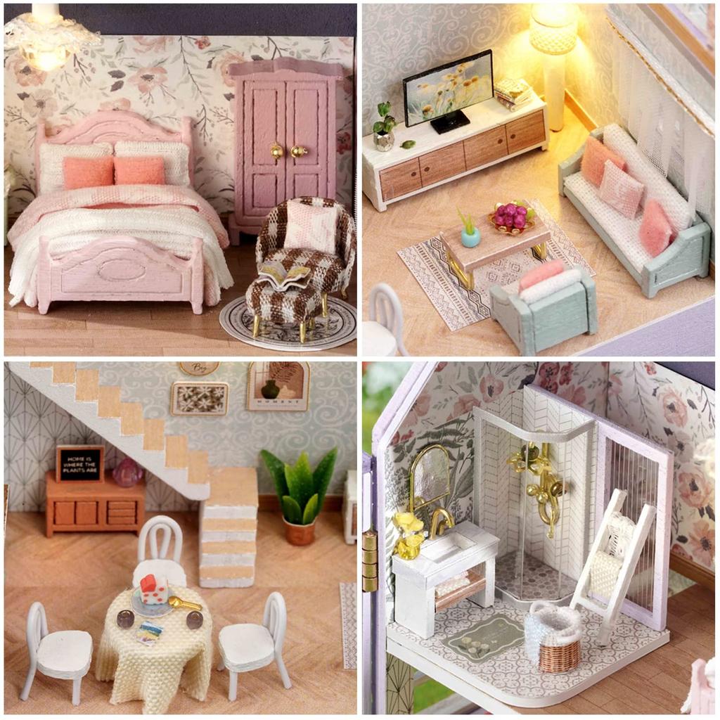 CUTEROOM Wooden Dollhouse Kit, DIY Miniature House, Easy To Assemble, Handmade Kit for Kids with LED Lights (D032)