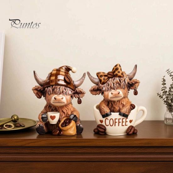 Desktop Coffee Lover Gift 2Pcs Cow Figurine, Cute Resin Animal Statue for Home Desk Rustic Farmhouse Kitchen Ornament Decor, Cafe Style Tabletop