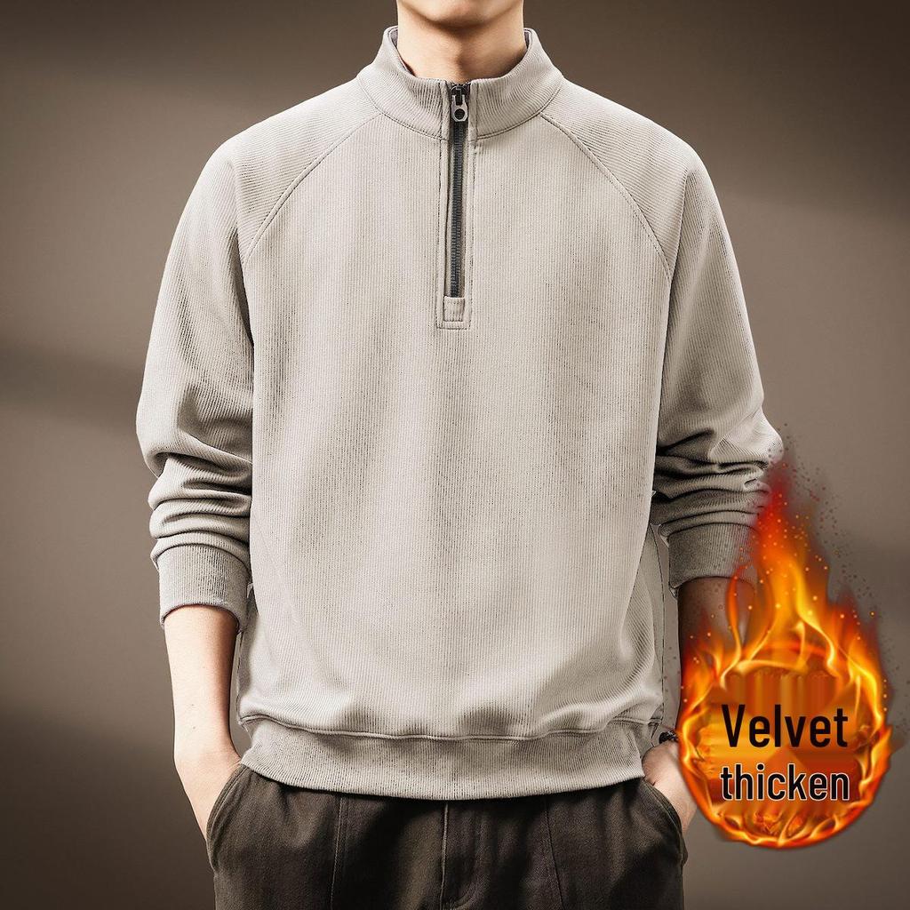 Men's Retro Half-Zip Heavyweight Hoodie - Winter Velvet, Loose Fit, Stand Collar, Large Size.