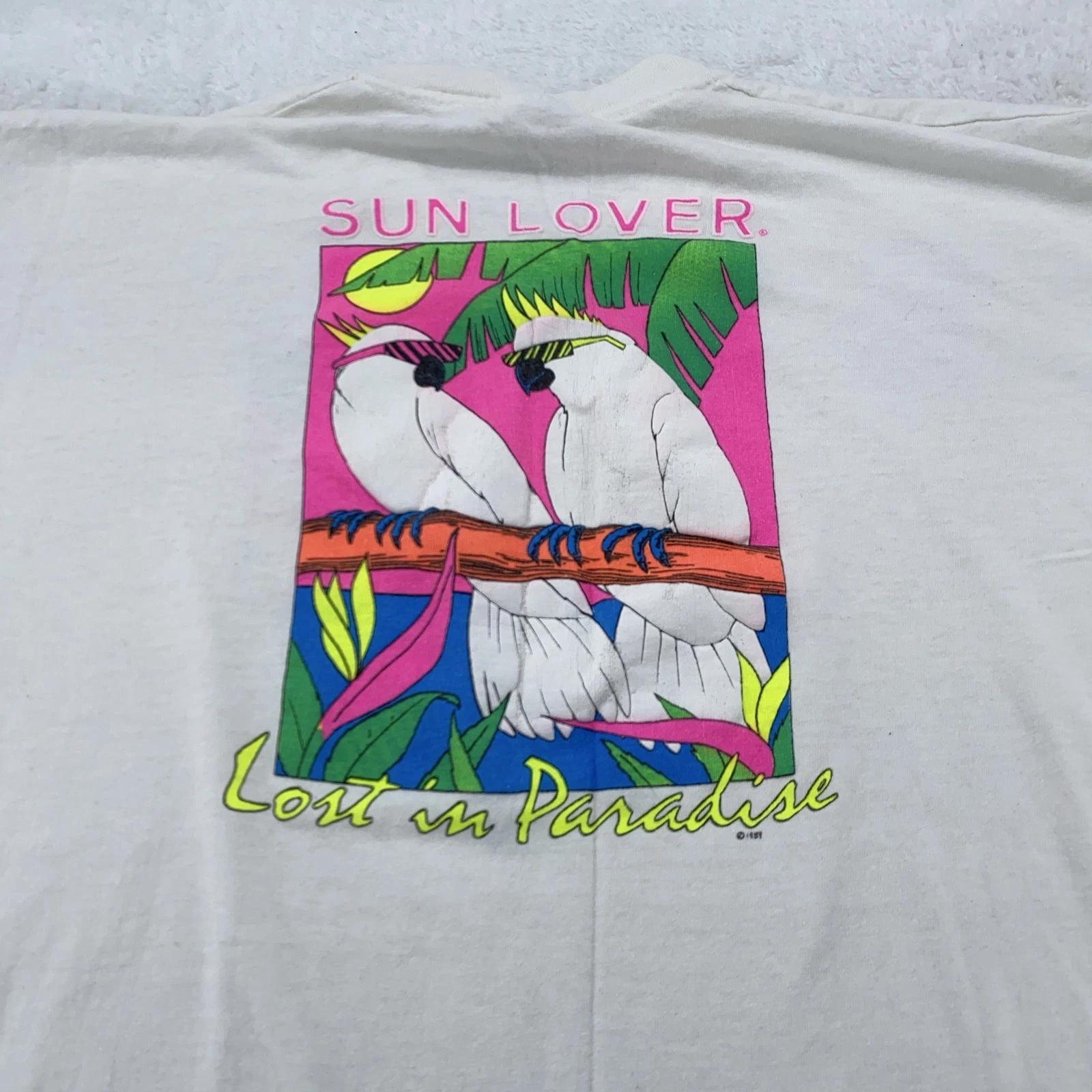 Vintage Sun Lover Shirt L/XL White Lost In Paradise Fripp Island Cockatoo 90s XL