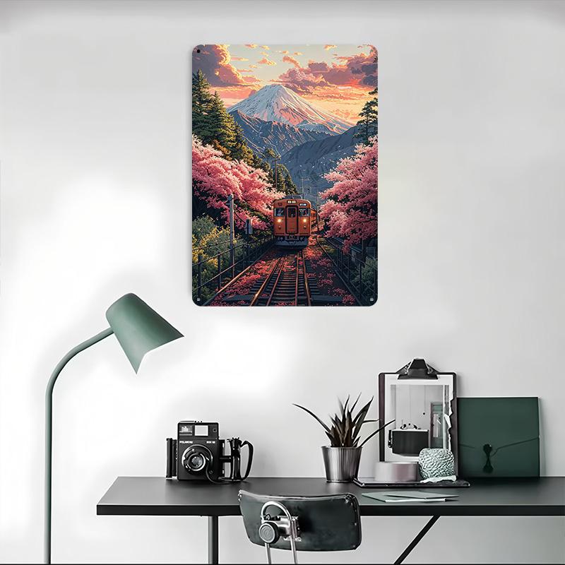 Tåg Genom Körsbärsblommor Tryckt Affisch Anpassad Väggkonst Retro Vintage Metallplåtskyltar för Hem Spelrum Dekoration