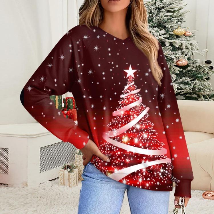 

Рождественская мода Женский повседневный удобный пуловер с V-образным вырезом, рукавами реглан и принтом XXXL винный