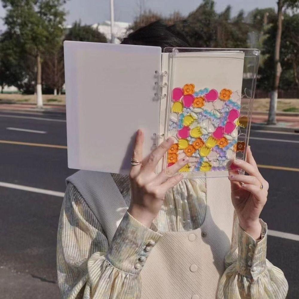 Flowing Flower/Heart Binder Notebook Color Transparent Cover Diary Book Loose Leaf Book  Gift