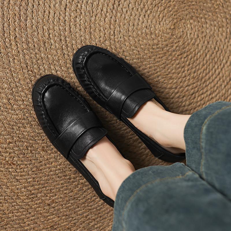 Women's low-heeled single shoes, spring and autumn models, full leather thick-heeled large-size casual shoes inside and outside, loafers.