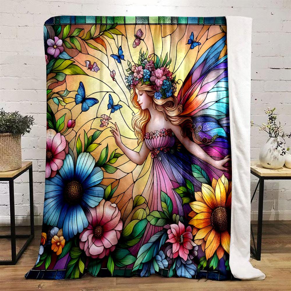 1PC Stained Glass Fairy Print Blanket Flannel Soft Comfort Home Travel Blanket Kids Warm Blanket Picnic RV Luxury Gifts