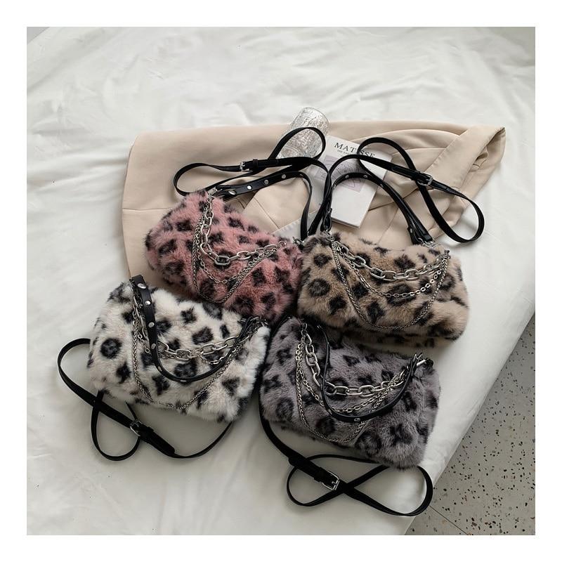 New Winter Plush Shoulder Bag Female Luxury Designer Fluffy Faux Fur  Crossbody Bags For Women Leopard Chain Handbags