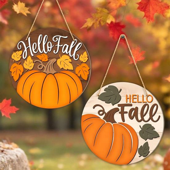 Hello Fall Wooden Hanging Sign Autumn Pumpkin Front Door Sign