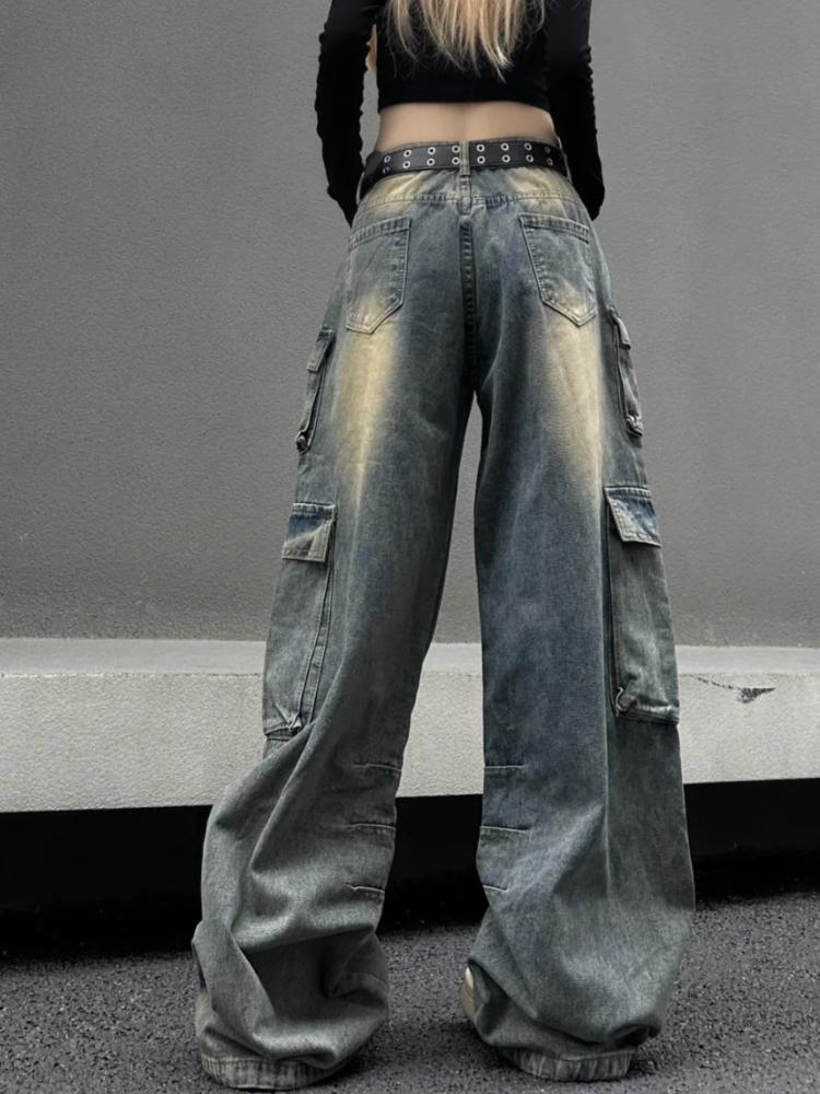 Harajuku 90. léta Y2k Vintage Baggy Jeans Ženy Grunge Prané Více kapes Džínové Cargo Kalhoty Nízký růst Ležérní široké kalhoty