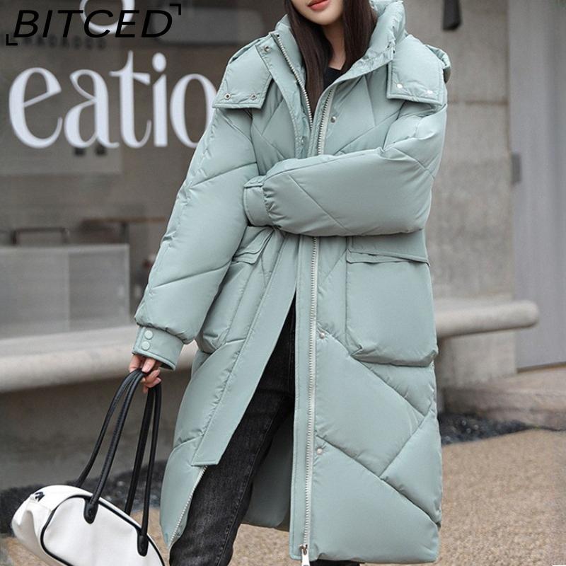 BITCED Thickened Puffer Jacket Down-Filled Cotton Coat Women's Loose-Fit Winter Coat Mid-Length Knee-Length Cotton Jacket