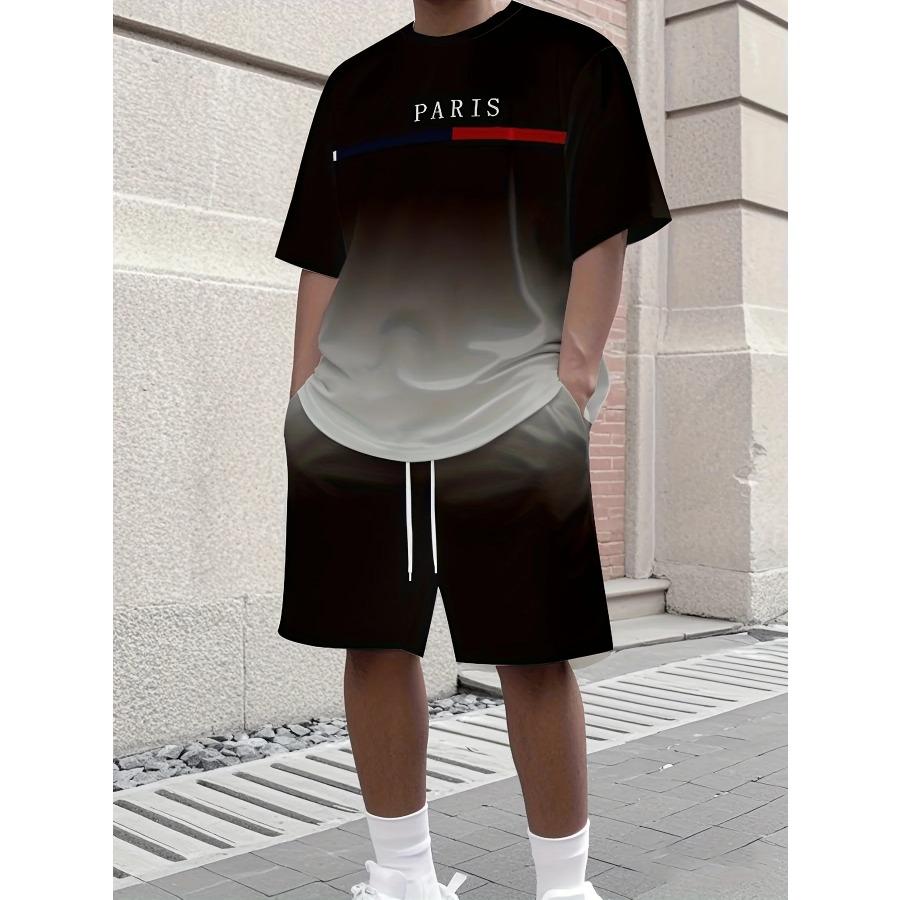 Men's Letter Print Crew Neck Short Sleeve Stylish Streetwear Men's Fashion Set Summer Casual Outdoor Vacation Two-Piece Set