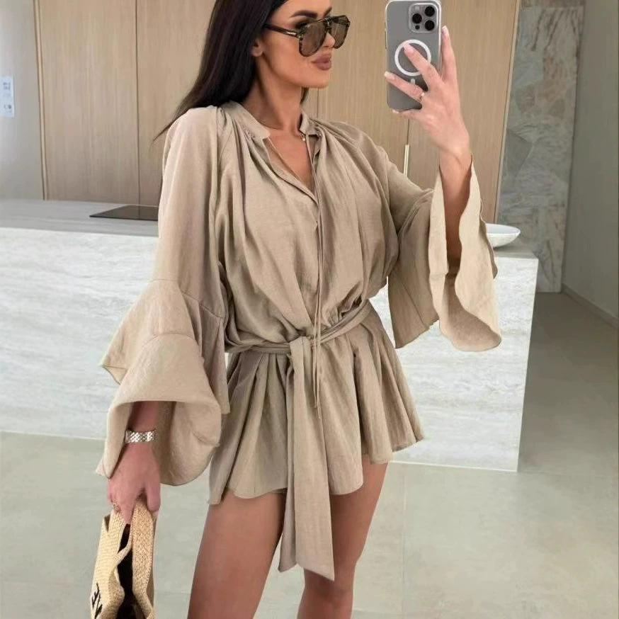 

Платье с V-образным вырезом, неровным подолом и рукавами-колокольчиками на завязках для женщин - Европейский и американский стиль 2025 года Small абрикосовый